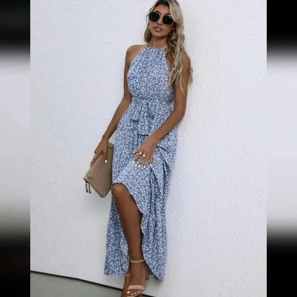 Ditsy Floral Print Ruffle Hem Belted Halter Dress - Picture 5 of 6